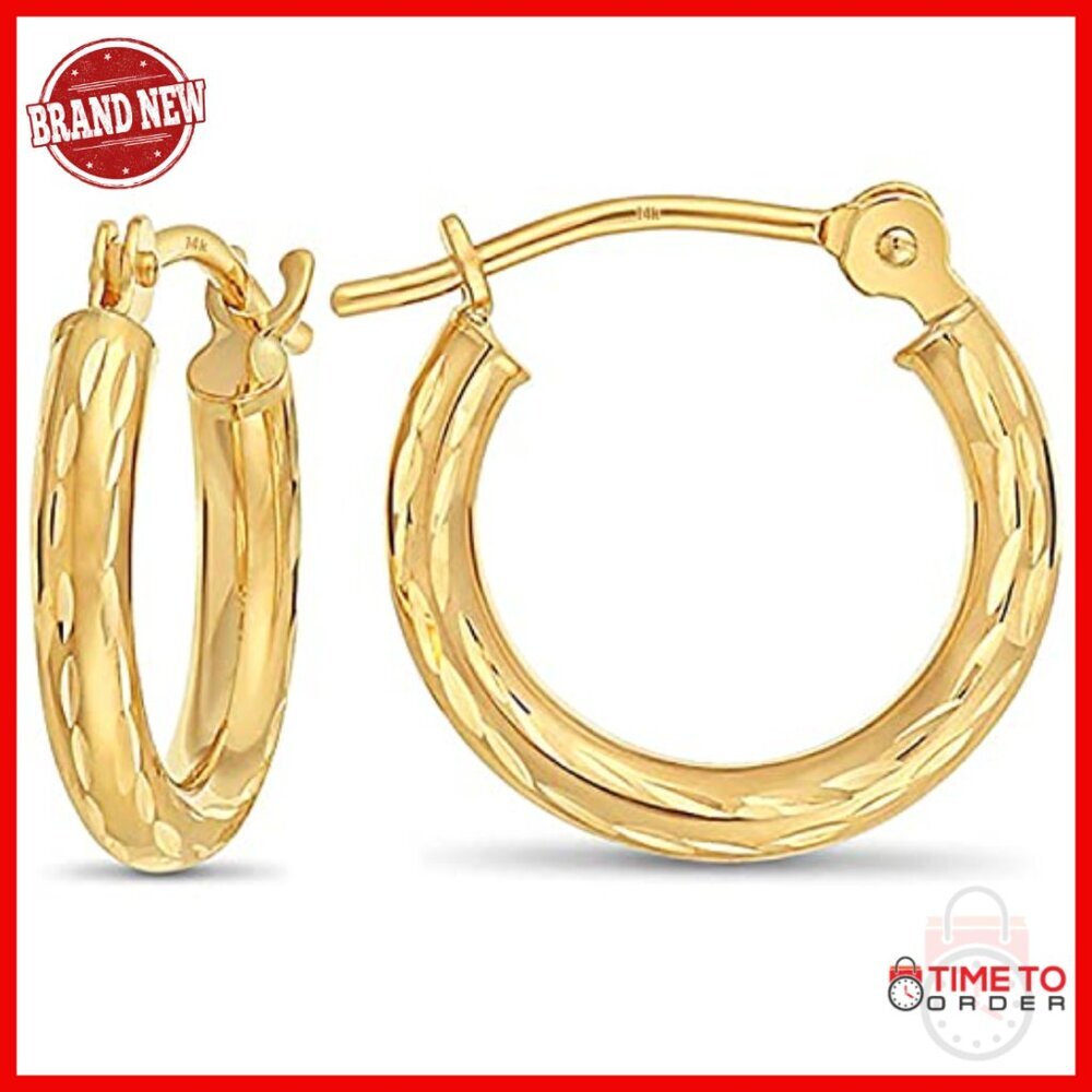 14K Gold Diamond-Cut Hoop Earrings 12mm Petite Real Gold - Picture 3 of 6